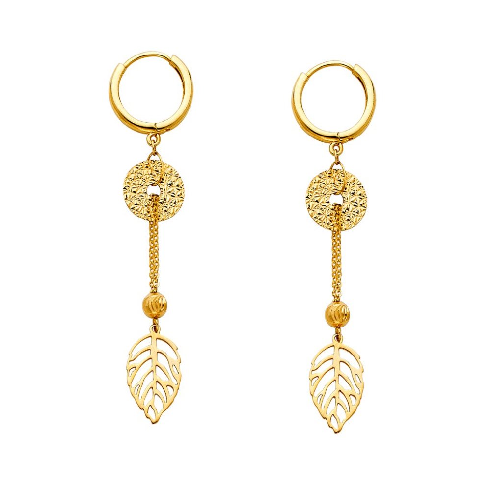14K Yellow Gold Leaf Hanging Earrings for Women